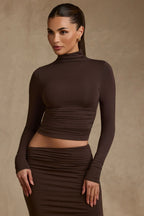 Modal Ruched Backless Turtleneck Top in Chocolate Brown
