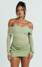 Jade Mini Dress - Long Sleeve Off Shoulder Draped Bias Cut Dress in Sage