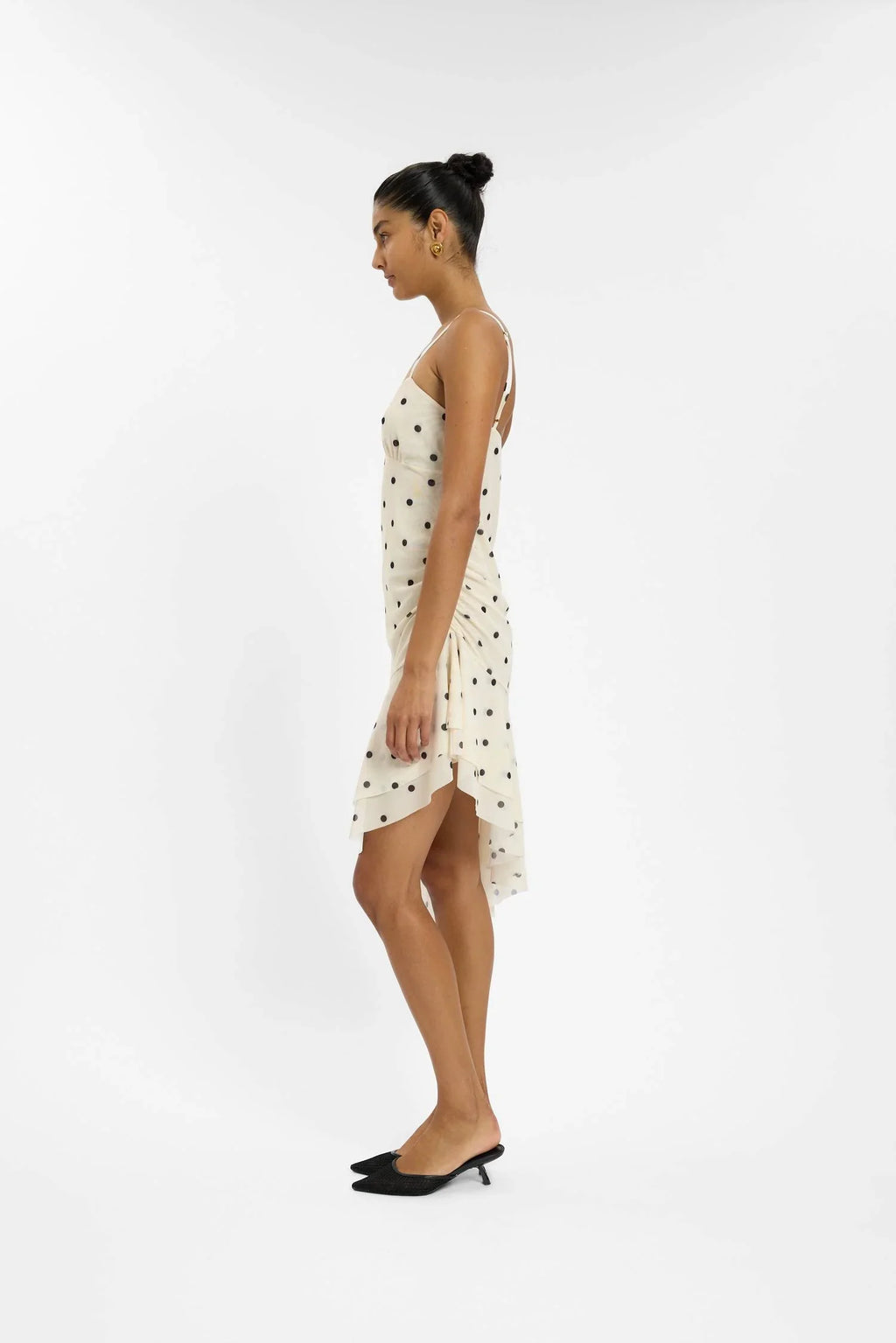 Asymmetric Frill Midi Dress | Ivory Polka