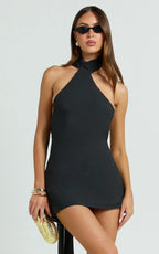 Maddox Mini Dress - Scarf Neck Low Tie Back Slip Dress in Black