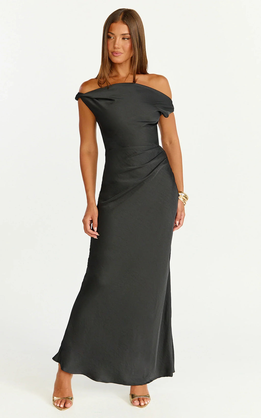 Lira Maxi Dress - One Shoulder Satin Dress in Black