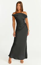 Lira Maxi Dress - One Shoulder Satin Dress in Black