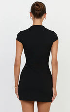 Briony Mini Dress - High Neck Front Key Hole Fitted Dress in Black