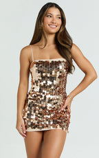 Wilfreda Mini Dress - Sequin Square Neck Bodycon Dress in Rose Gold