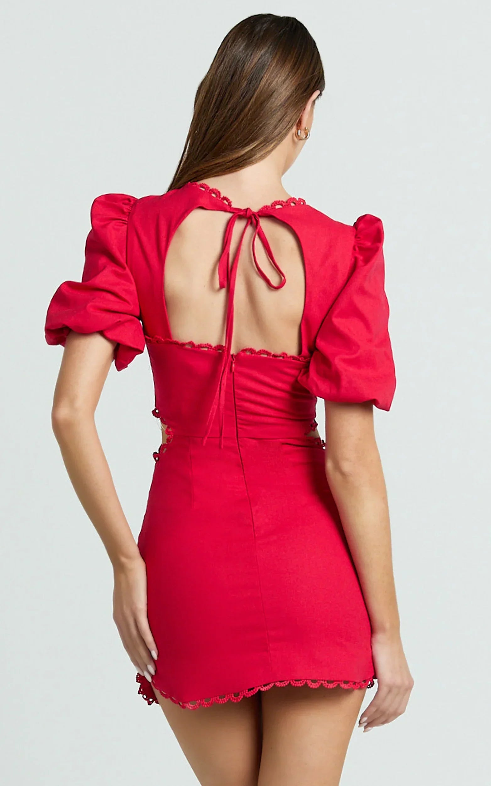 Laila Mini Linen Blend Dress - High Neck Side Cut Out Puff Sleeve Straight Dress in Red