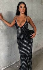 Quincy Maxi Dress - Satin Slip Dress in Black Polka Dot