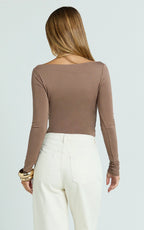 Tisdale Top - Boat Neck Long Sleeve Top in Mushroom