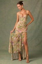 Ruched Asymmetric Corset Gown in Floral Multi Print