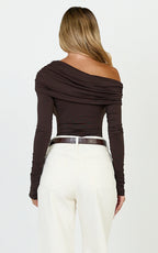 Hallie Bodysuit - One Shoulder Draped Long Sleeve Bodysuit in Chocolate