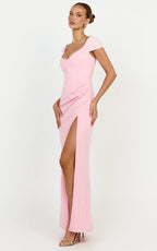Malibu Maxi Dress - Off Shoulder High Split Dress in Pink