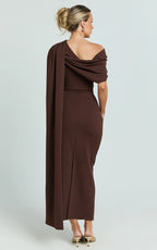Visenta Midi Dress - Asymmetrical Sleeve Dress in Brown