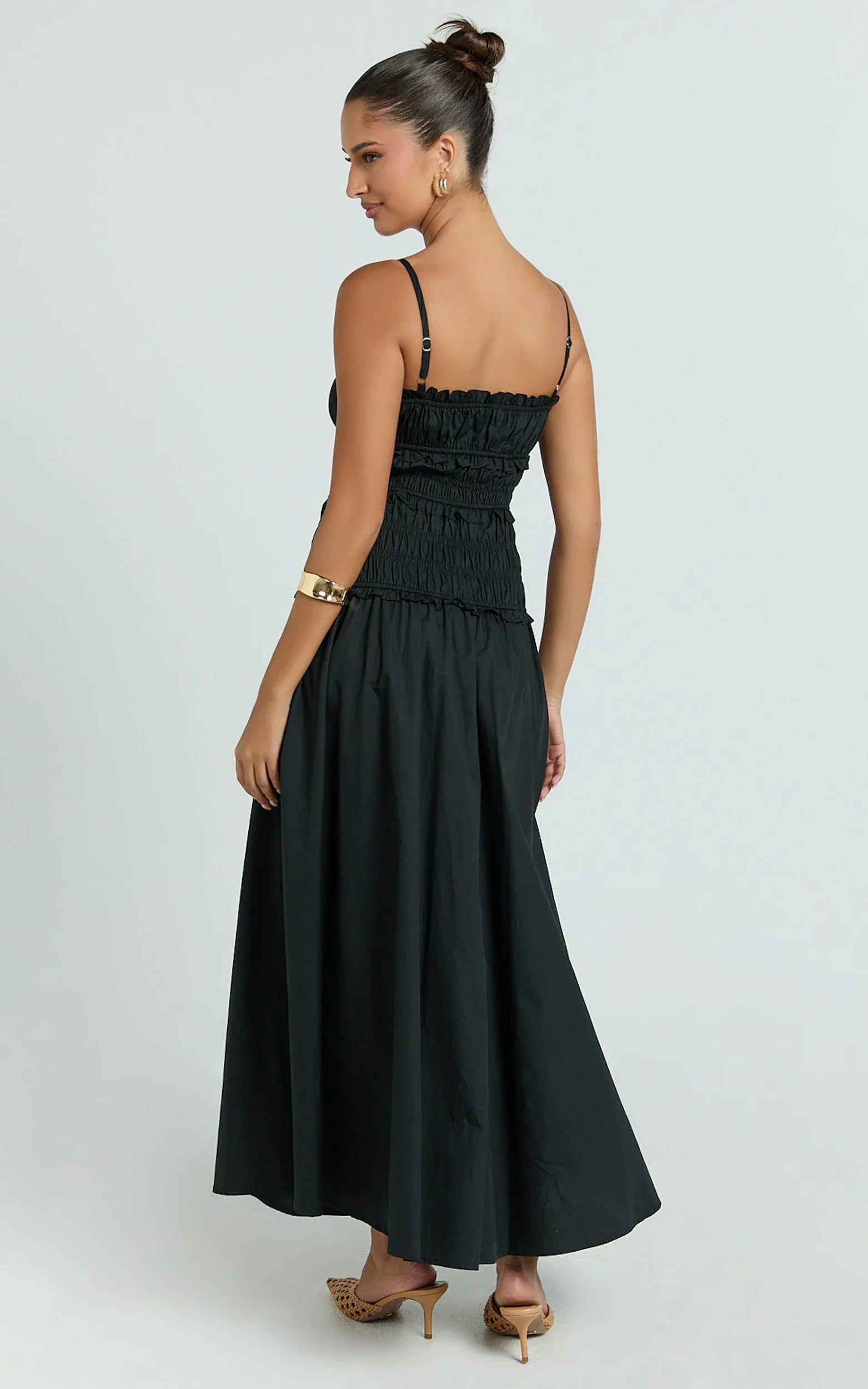 Cami Midi Dress - Rushed Bodice Dress in Black