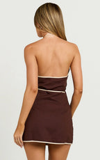 Connie Mini Dress - Linen Halter Neck Wrap Dress in Chocolate