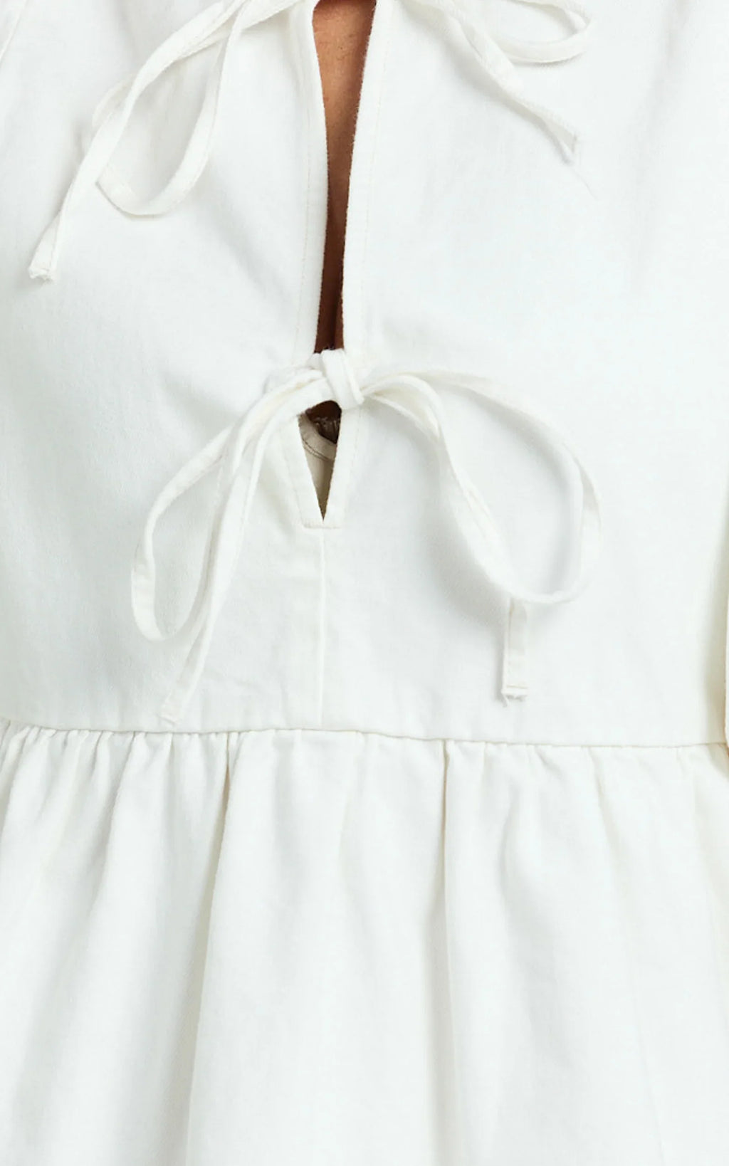 Shailene Mini Dress - Tie Front Puff Sleeve Recycled Denim Dress in Ecru