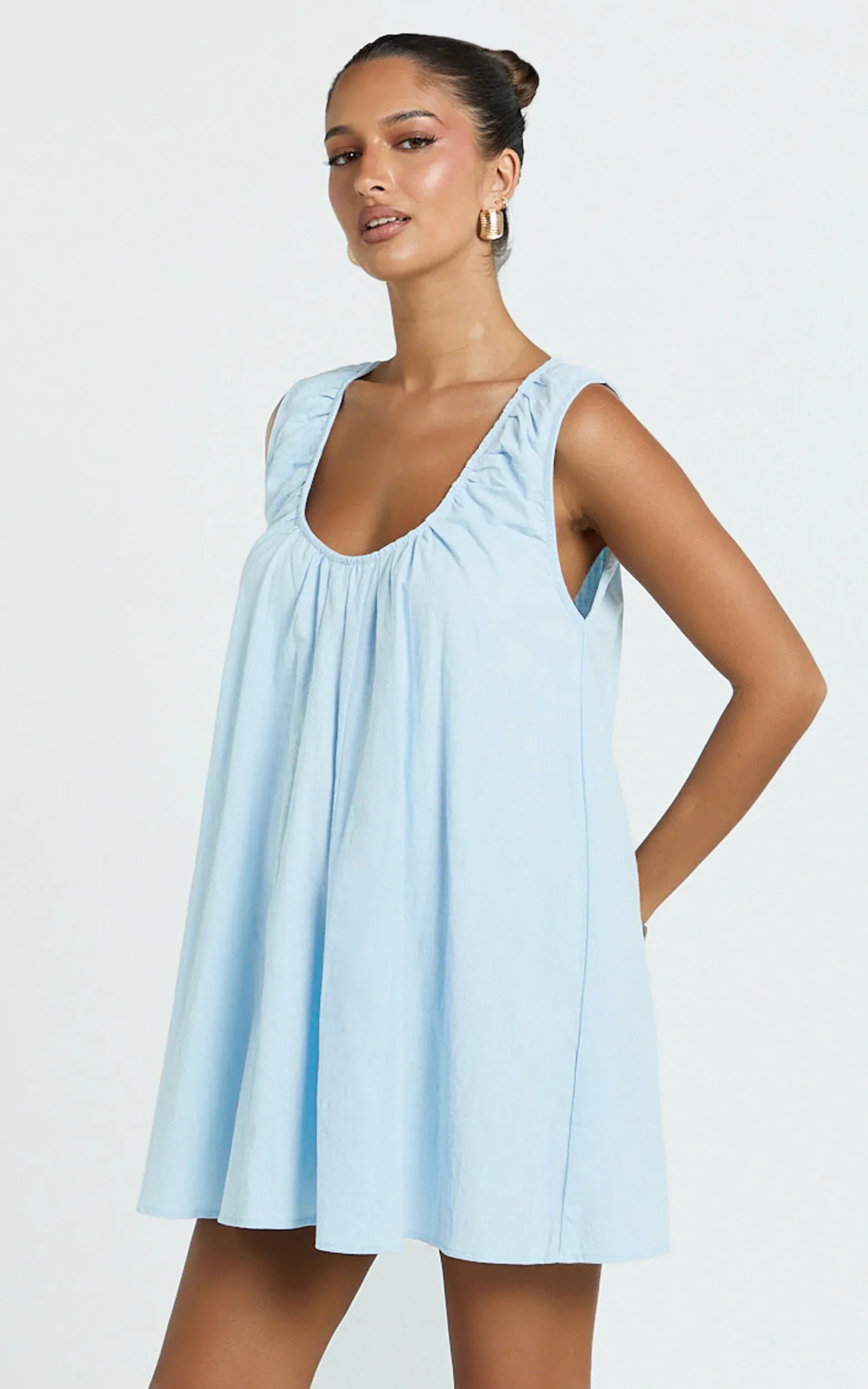 Lucinda Mini Dress - Deep U Gathered Neck Smock Dress in Pale Blue