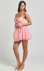 Gwen Mini Dress - Sweetheart Neck Cross Tie Back  Shift Dress in Pink