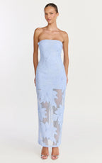 Sienna Midi Dress - Strapless Floral Embroidered Bodycon Dress in Blue