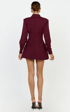 Thelma Mini Dress - Button Front Pleat Waist Tulip Skirt Shirtdress in Wine