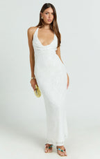 Janine Maxi Dress - Plunge Cowl Neck Backless Column Dress in Ivory