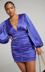 Nicole Mini Dress - Plunge Neck Ruched Dress in Steel Blue