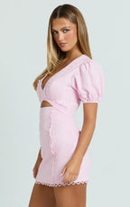 Carolyn Mini Dress - V Neck Puff Sleeve Dress in Pale Pink