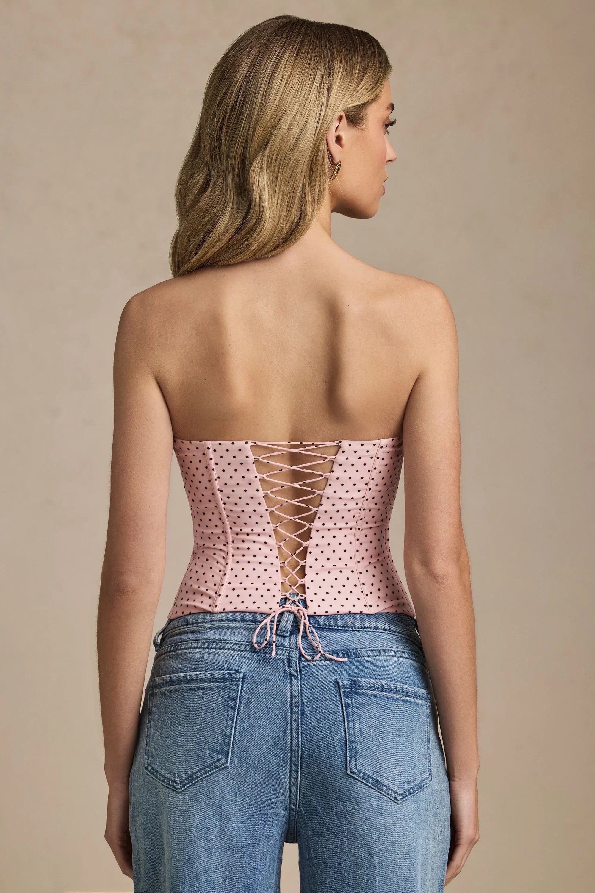 Kateproms Lace-Up Strapless Corset Top in Pink Polka Dot