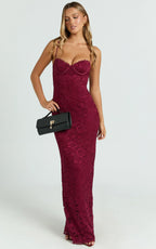 Carli Maxi Dress - Adjustable Strap Corset Bodycon Lace Dress in Wine