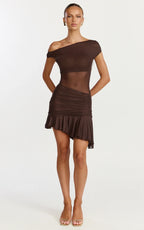 Ivy Mini Dress - Tip Shoulder Asymmetric Ruched Yoke Dress in Chocolate