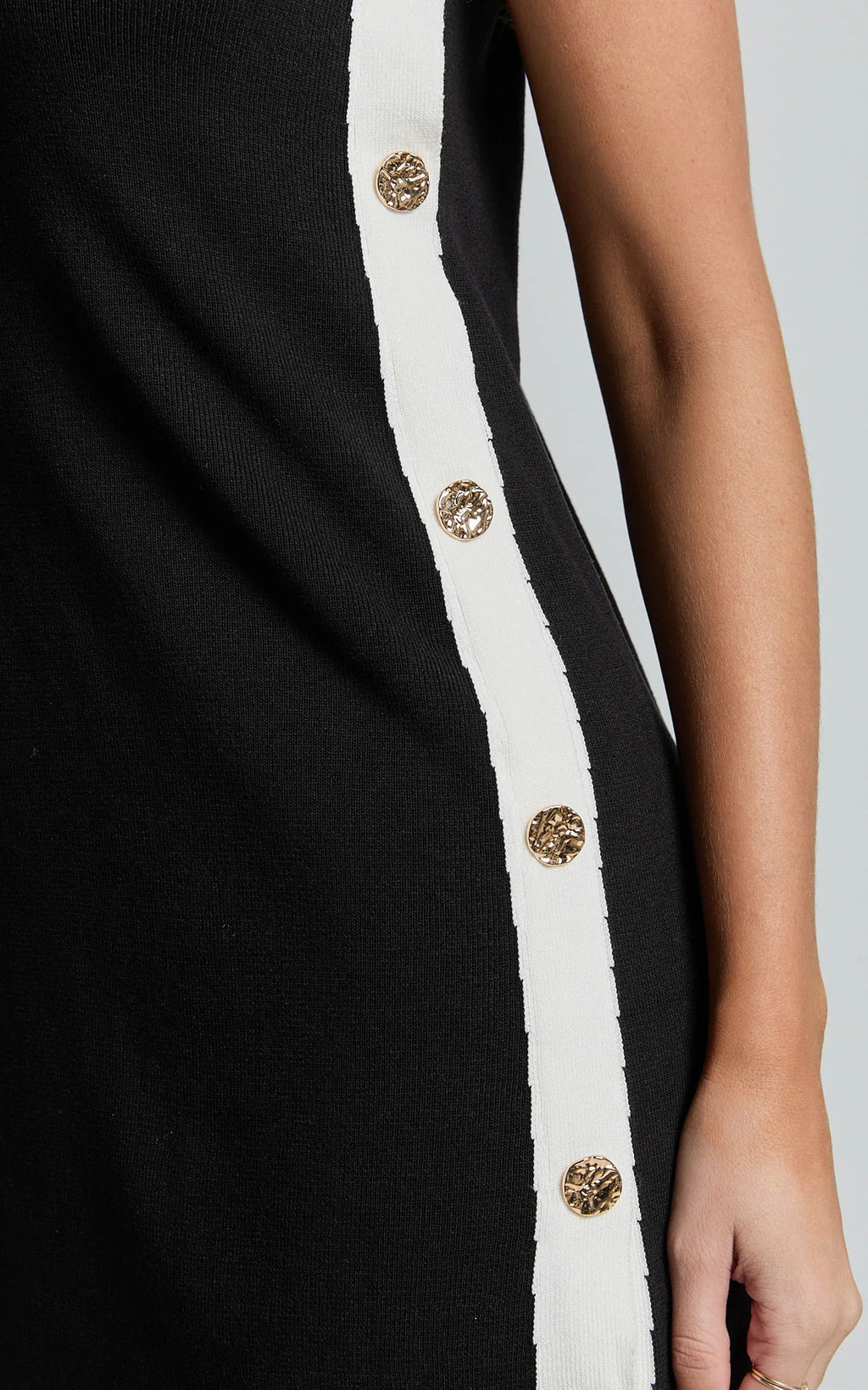 Terri Mini Dress - Scoop Neck Button Down Knit Dress in Black and White