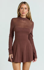 Camilla Mini Dress - Turtle Neck Fit And Flare Sheer Contrast Knit Dress in Chocolate