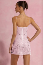 Sheer Embellished Square-Neck Mini Dress in Pink
