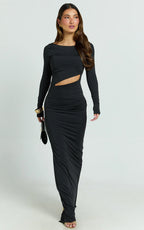 Hannah Maxi Dress - Long Sleeve Cut Out Low Back Bodycon Dress in Black