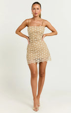 Ivy Mini Dress - Strappy Straight Neck Lace Detail Dress in Natural