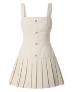 Calissa Mini Dress - Boucle Square Neck Drop Waist Pleated Dress in Cream