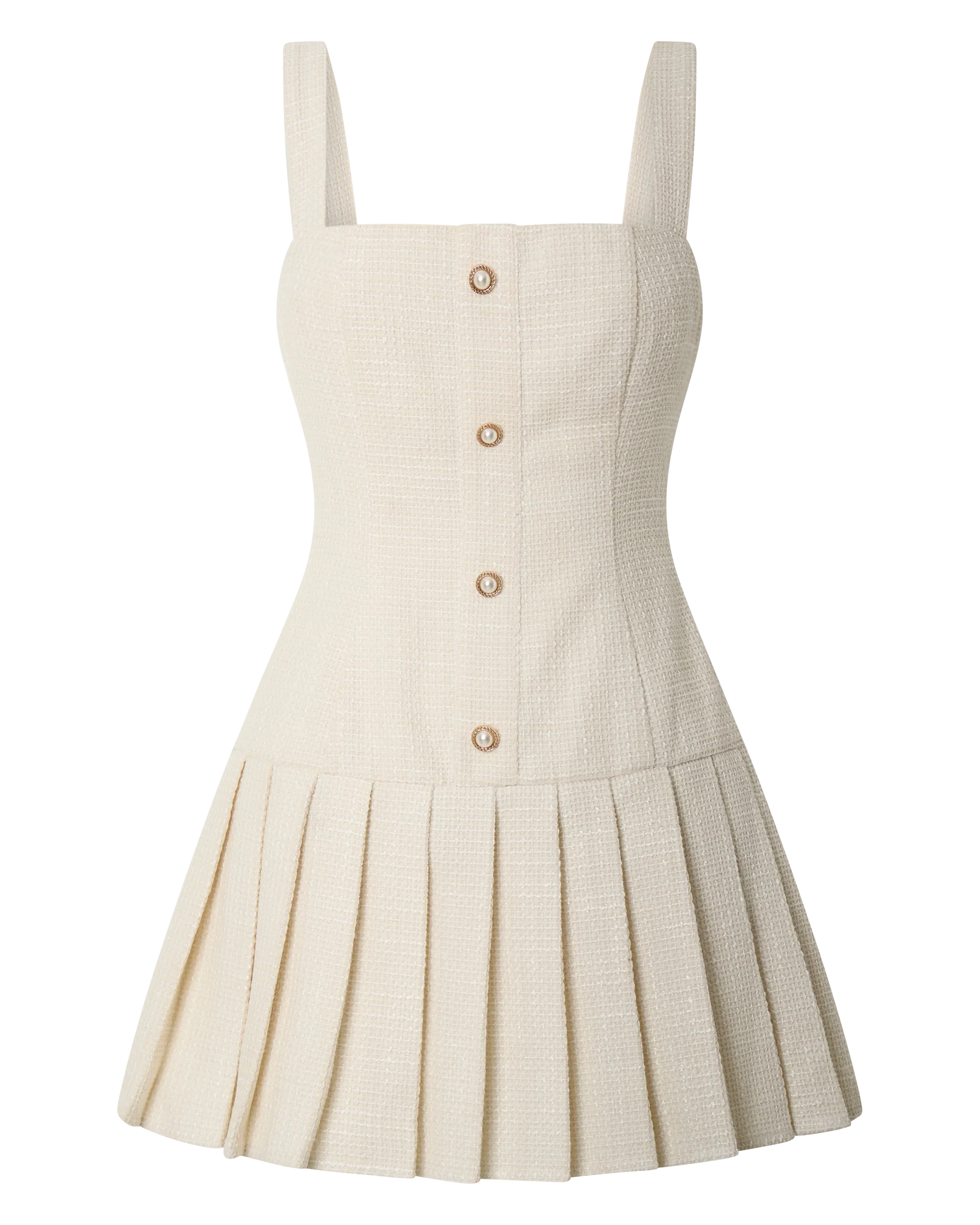 Calissa Mini Dress - Boucle Square Neck Drop Waist Pleated Dress in Cream
