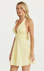 Janie Mini Dress - Halter Neck Dress in Lemon