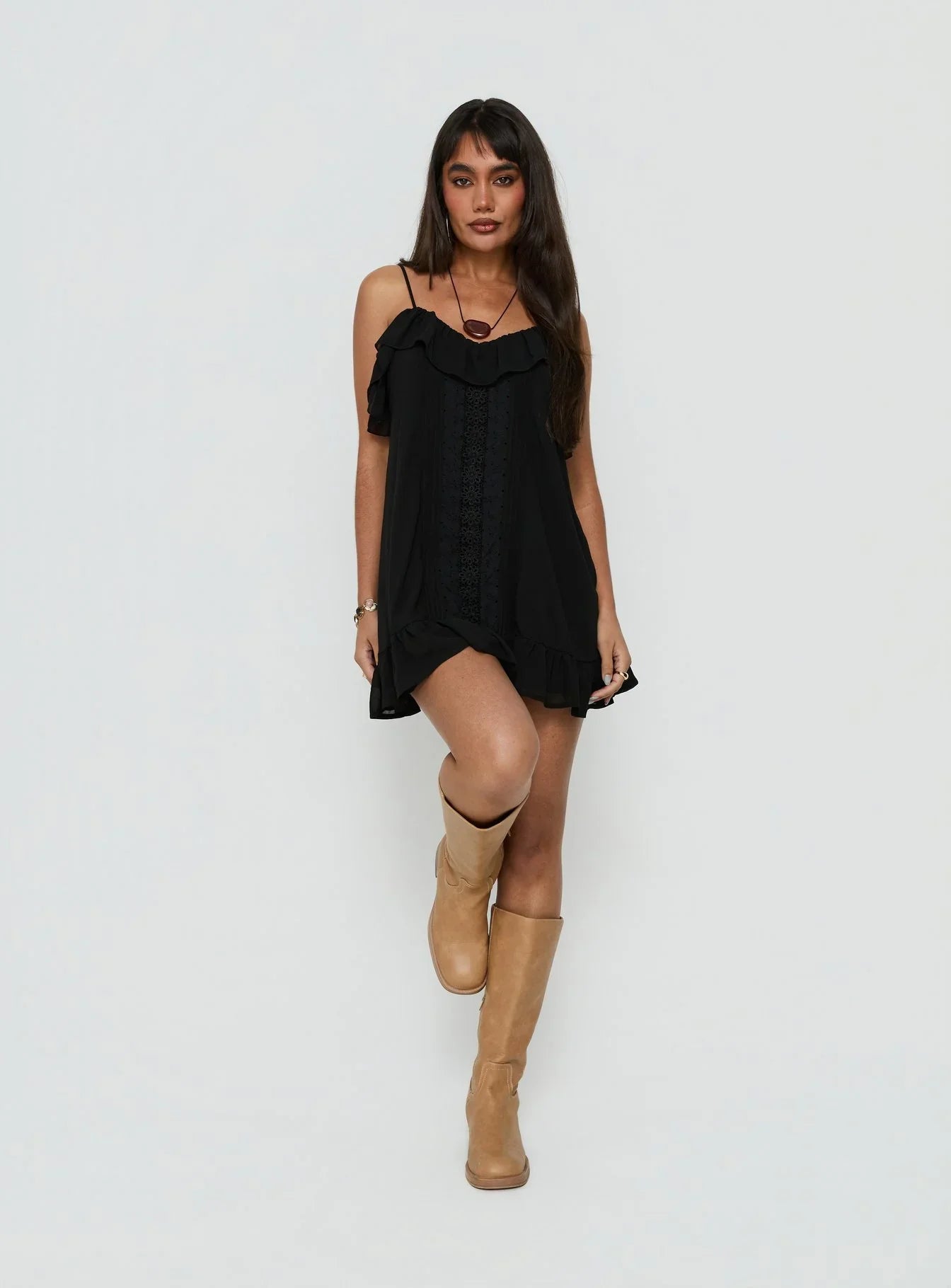 Somnielle Frill Lace Detail Mini Dress Black