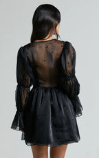 Lanna Mini Dress - Long Puff Sleeve V Neck Dress in Black