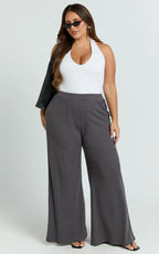 Amalthea Pants - High Waisted Jersey Rib Wide Leg Pants in Charcoal