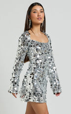 Selena Mini Dress - Flare Sleeve Disc Sequin Dress in Silver