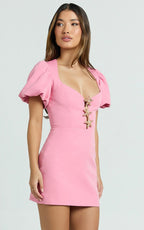 Lalisa Mini Dress - Puff Sleeve Starfish Plunge Neck Dress in Pink