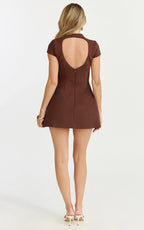 Savanna Mini Dress - High Neck Cap Sleeve Tulip Skirt Dress in Chocolate