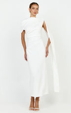 Visenta Midi Dress - Asymmetrical Sleeve Dress in White