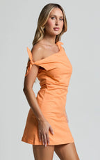 Jeofina Mini Dress - Off The Shoulder Linen Look Dress in Orange