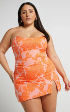 Brailey Mini Dress - Strapless Dress in Orange Jacquard