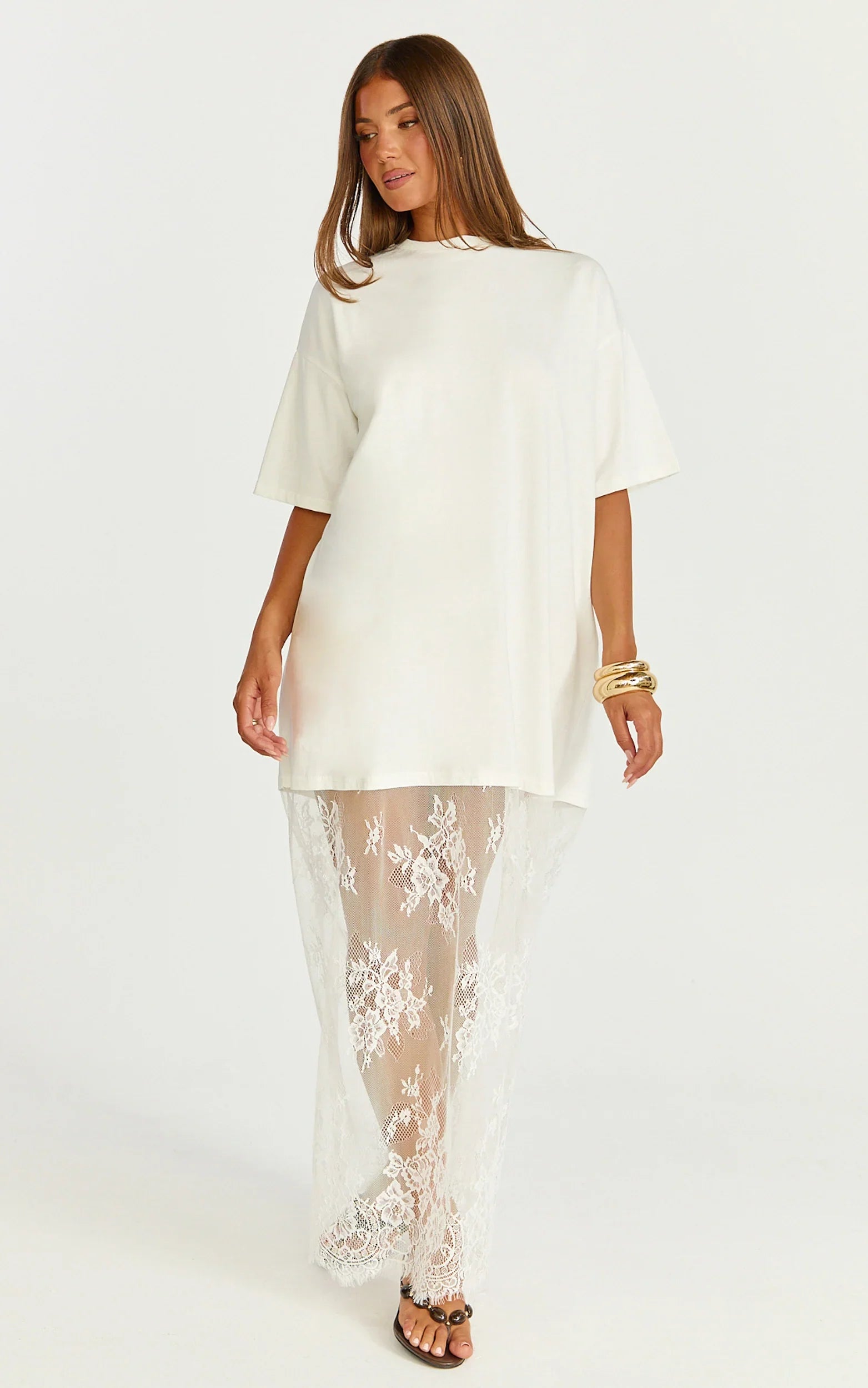 Jonna Midi Dress - Longline Lace Insert Tee in Off White
