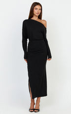 Alyce Midi Dress - Jersey Asymmetric Ruched Bodycon Dress in Black