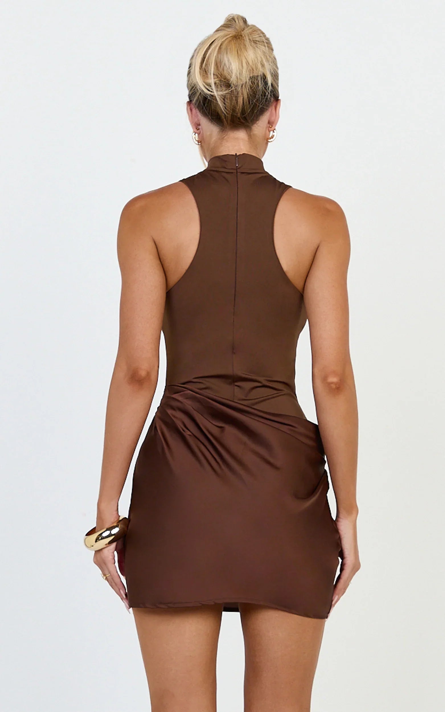 Elodie Mini Dress - Sleeveless Dress Overlay Skirt in Chocolate