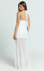 Ellen Maxi Dress - Plunge Neck Lace Frill Hem Dress in White