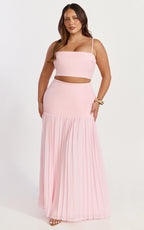 Rowan Two Piece Top and Skirt Set - Square Neck Crop Top and High Waist Pleated Maxi Skirt Set in Pink